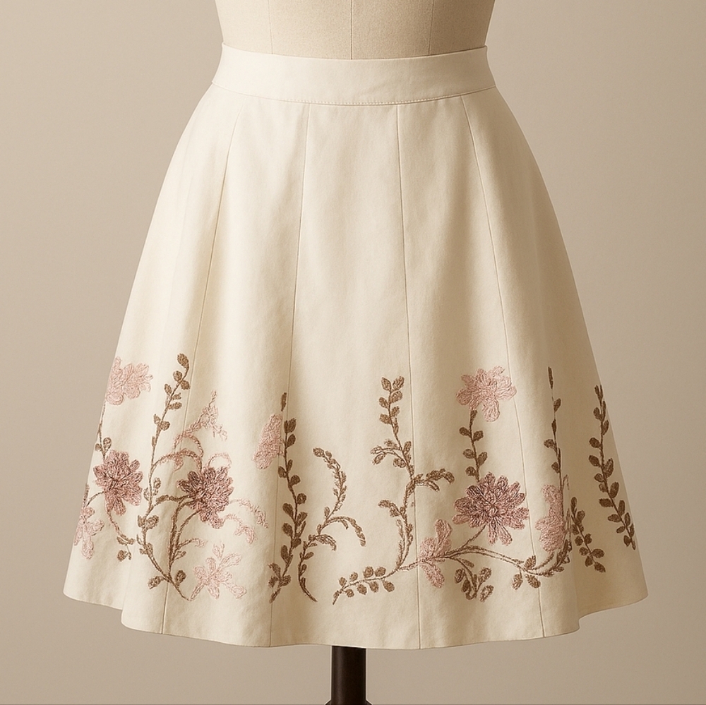 Ann Taylor Cream Skirt with Pink Floral Embroidery Lined Size 4